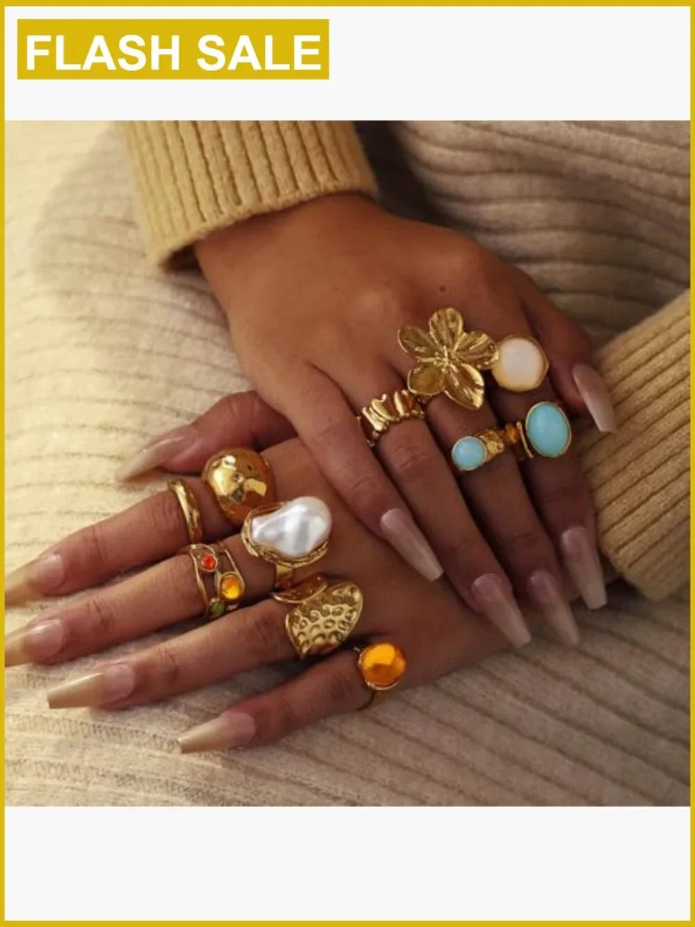 Chunky Baroque Pearl Flower Tiger's Eye Stone Rings Set Non Tarnish Stacking
